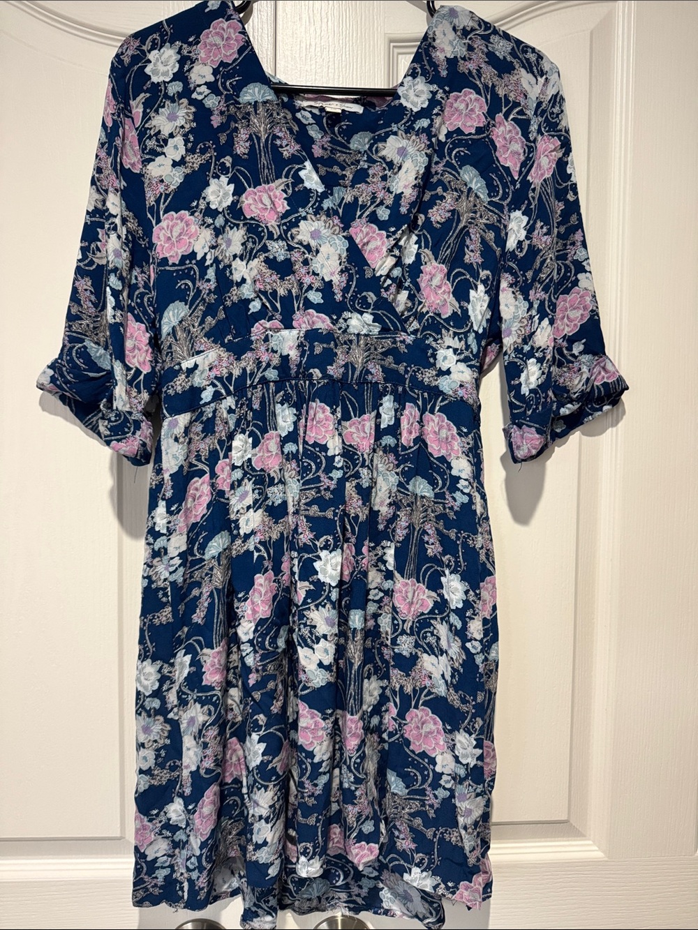 Navy Floral Empire-Waist Girls Dress with Pink & Light Blue Flowers